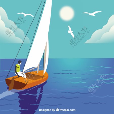 男孩驾驶帆船航行大海蓝天背景
