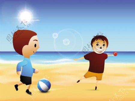 快乐友谊日背景在海边玩两个男孩