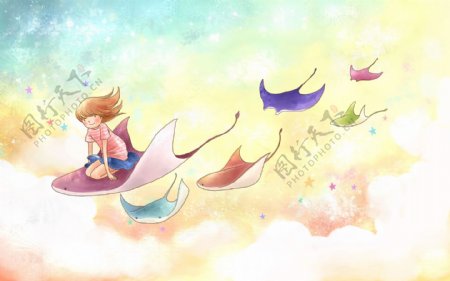 飞行的女孩和彩色燕子插画