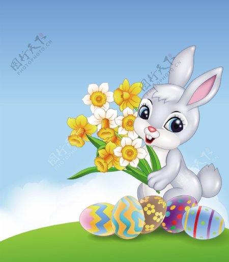 捧着鲜花站在彩蛋边的兔子