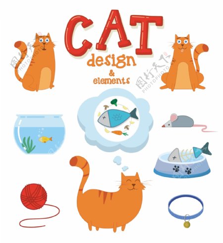 一组猫和鱼的卡通小图案