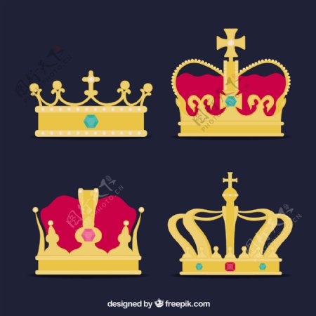 四个金色皇冠与有色宝石矢量素材