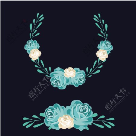 蓝色花卉花环与装饰设计