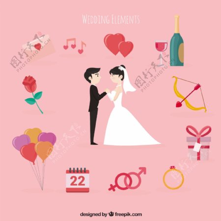 可爱的夫妇插图与各种婚礼元素