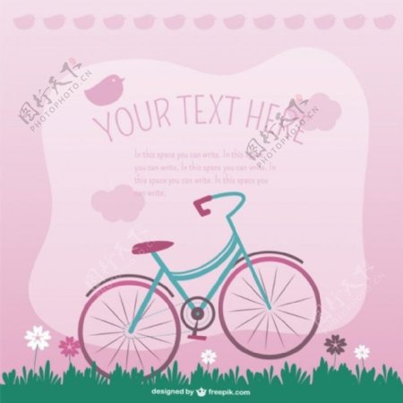 粉红色背景与鸟类和自行车