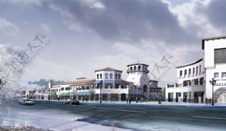 休闲商业街雪景设计图片