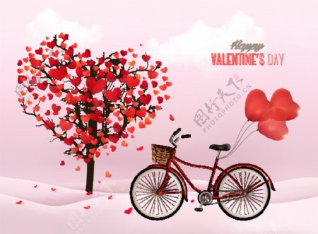 自行车浪漫情人节心和树矢量图