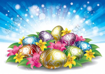 充满蛋和花的复活节背景