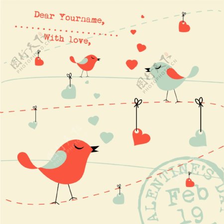 情人节卡片背景与鸟