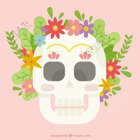扁平的头骨和彩色的花