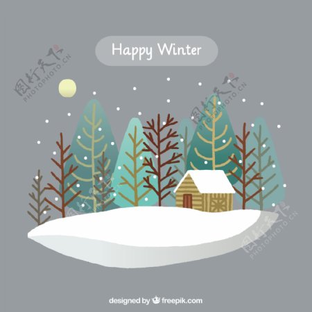 与树环绕的小屋的快乐冬天的说明