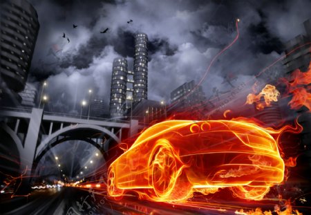 火焰汽车与城市图片