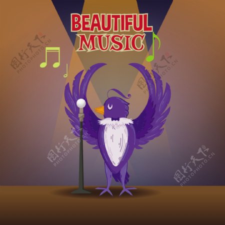音乐插图与可爱的小鸟和字体