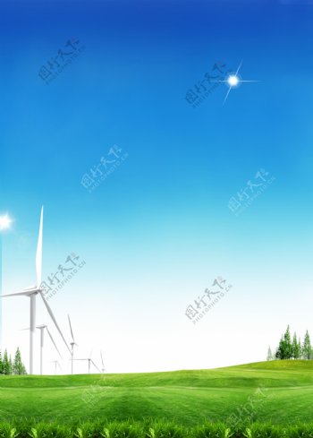 绿色草坪蓝色天空风车环保背景