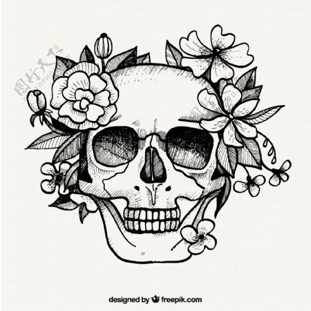 手画骷髅和花