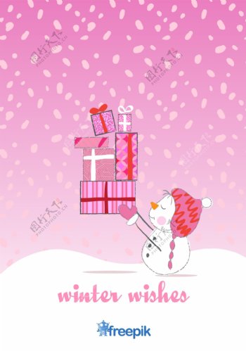 圣诞雪人卡片在幸福的粉红色背景