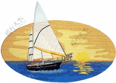 绣花帆船大海太阳金黄色免费素材