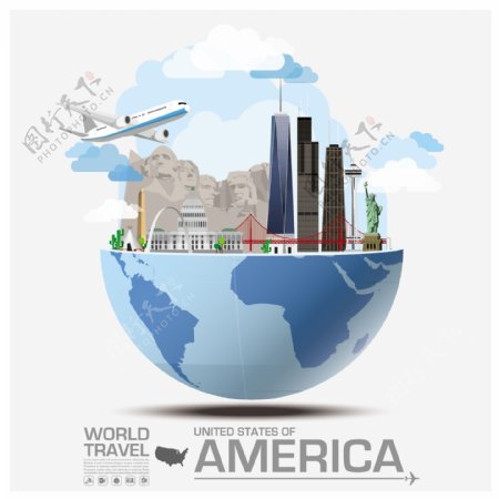 创意美国旅行建筑插画