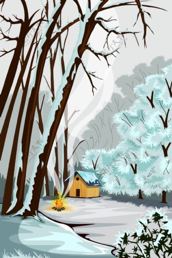 冬天森林里的小屋插画