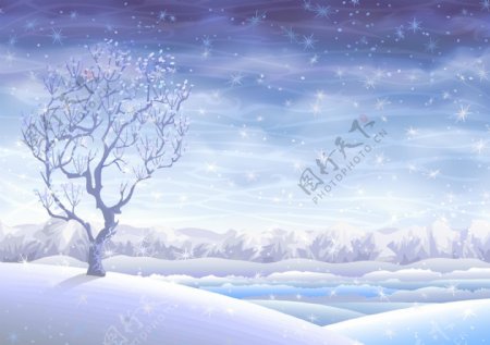 浪漫冬天里的雪景插画