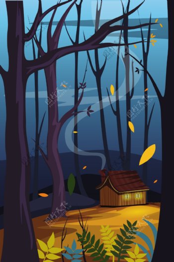 树林间的小木屋插画矢量素材下载
