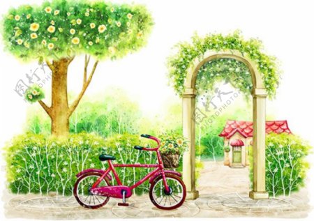 手绘韩式风景绿色庭院插画设计