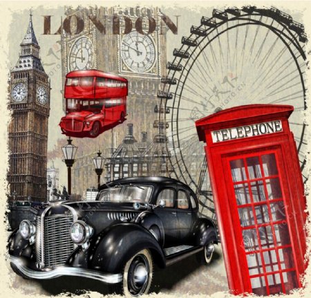 英国复古建筑和汽车插画