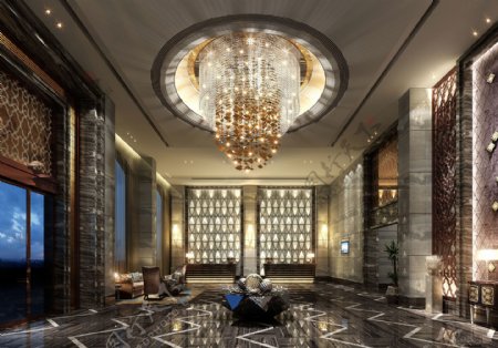 欧式贵气酒店大厅金色水晶灯工装装修效果图