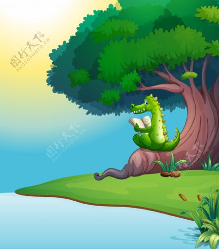 大树下看书的小鳄鱼插画