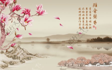 3D牡丹玉兰红花喜鹊山水福字瓷砖背景墙