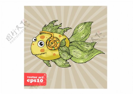 卡通绿色金鱼动物矢量素材