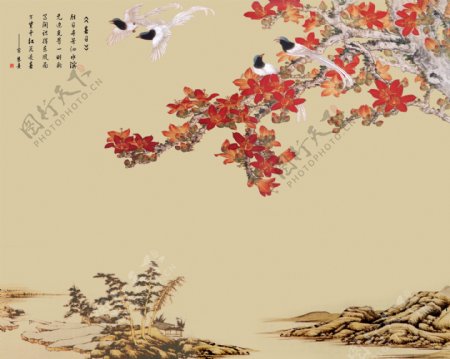 水墨国画山水花鸟图玉石瓷砖背景墙