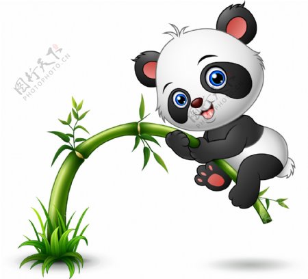 骑在竹子上的卡通熊猫矢量素材