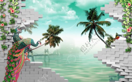 3D现代时尚孔雀热带海岸风景背景墙