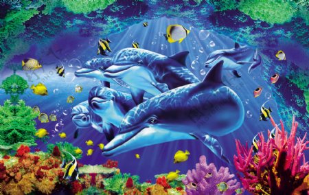 卡通3D立体海豚壁画墙画