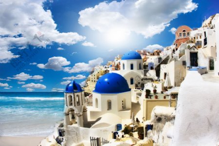 3D城堡海滩蓝天白云背景墙