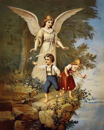 天使与童男童女背景墙素材