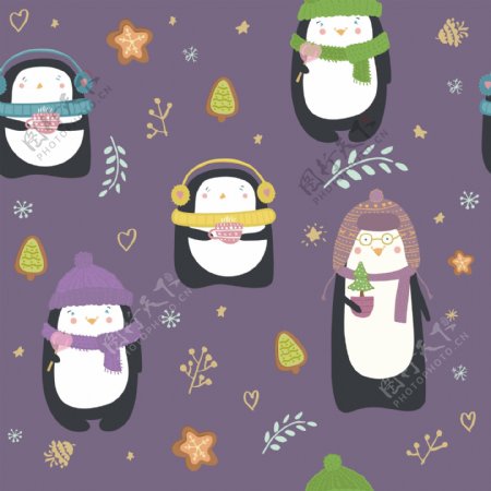 冬季浪漫紫色企鹅壁纸图案装饰设计