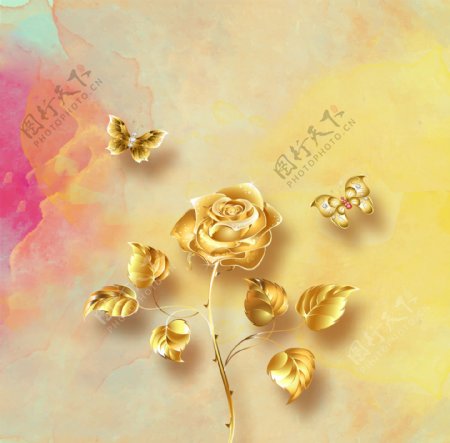 金色花朵装饰画模板