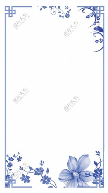 手绘蓝色花朵边框H5背景素材