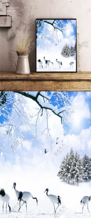 冬季的雪地鹤风景装饰画
