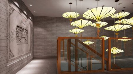 新中式风格餐饮商业空间大厅效果图设计