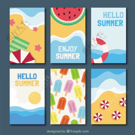 六张夏季卡片的平面收藏