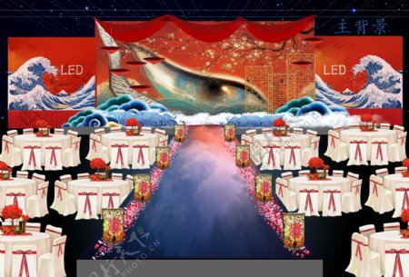 大鱼海棠红色婚礼主舞台效果图