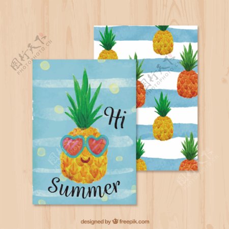 夏季水彩贺卡与菠萝