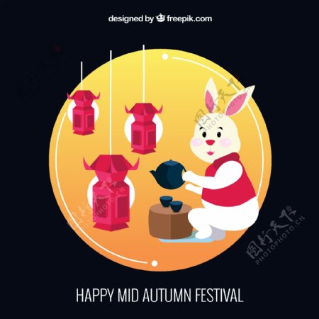可爱手绘扁平化兔子中秋节插画