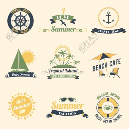 夏季海复古度假热带邮轮节日快乐的标签集合分离的矢量插画