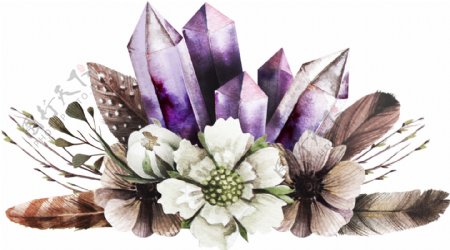 手绘紫色水晶陪三朵花透明装饰图案