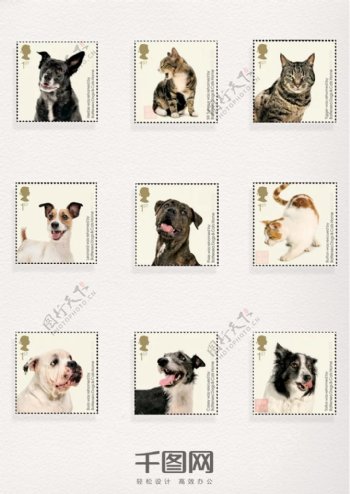 猫狗图案邮票元素装饰