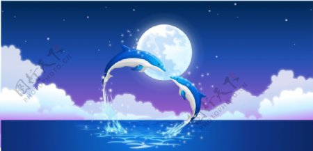 浪漫月光海豚矢量素材